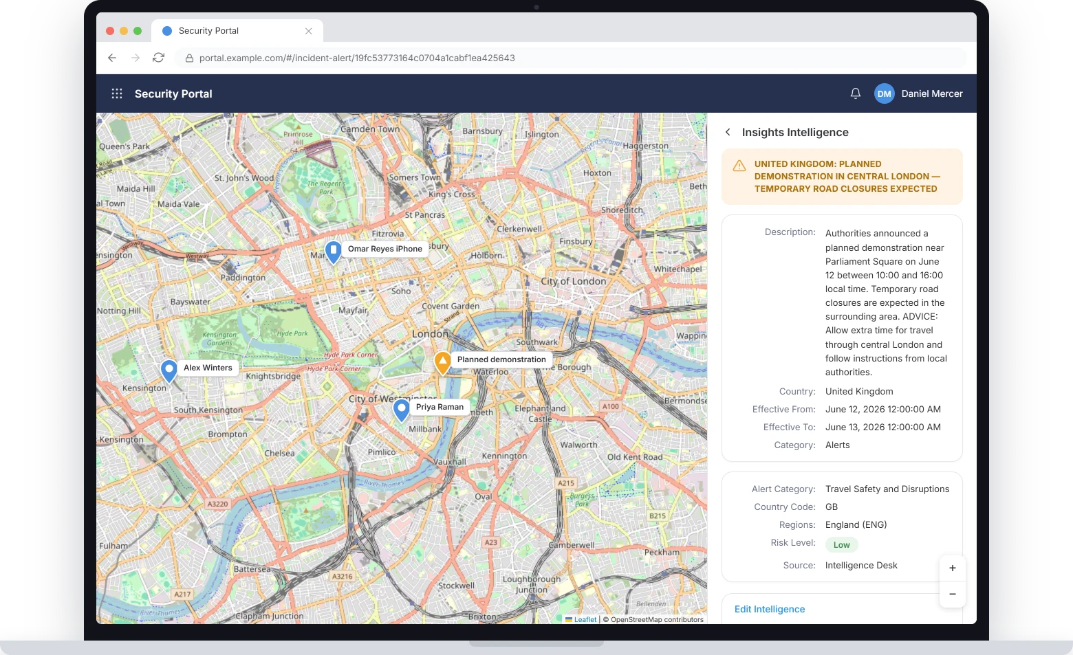 CI360 security portal: an intelligence alert about a planned demonstration in central London, with the source, risk level and effective window beside the map
